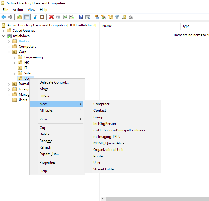 Right-clicking the Users OU to create a new user object