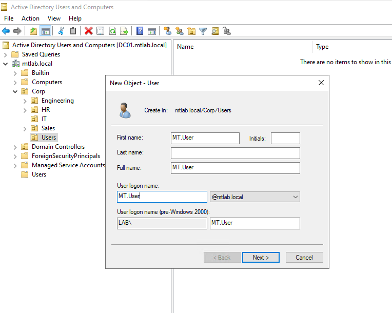 New Object - User dialog with MT.User as the logon name
