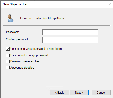 Password configuration screen for the new MT.User account