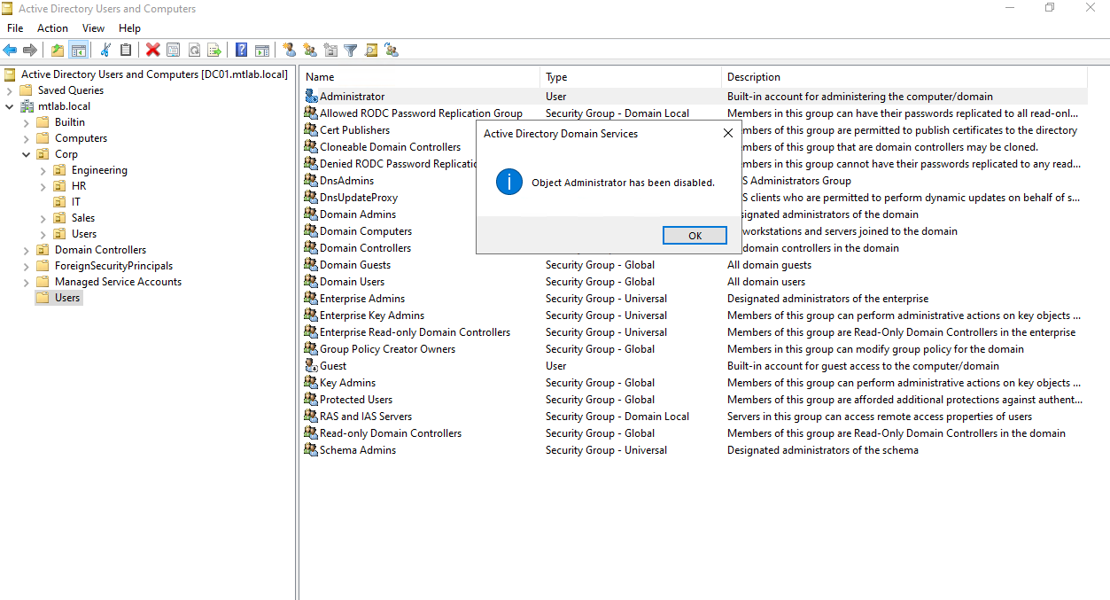 Confirmation dialog: Object Administrator has been disabled