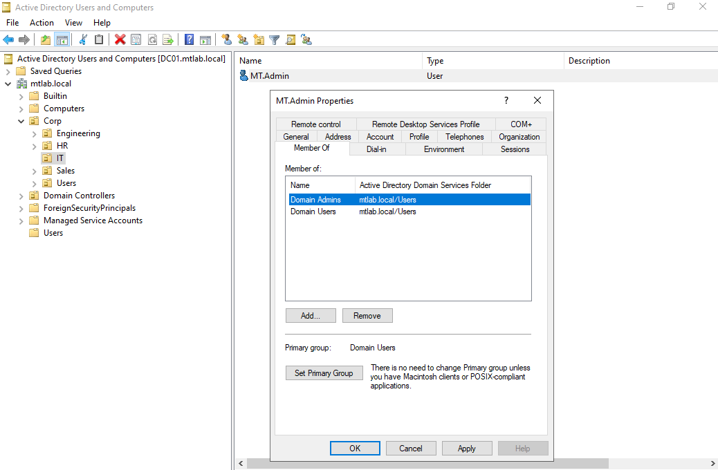Domain Admins Properties showing MT and Test Account as members