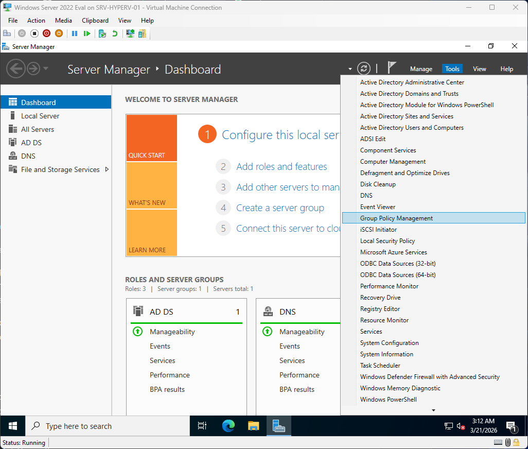 Server Manager Tools menu showing Group Policy Management