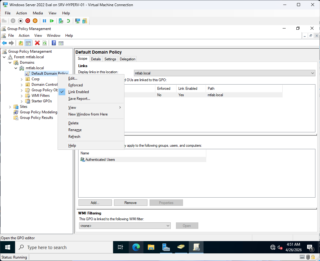 Right-clicking Default Domain Policy to select Edit