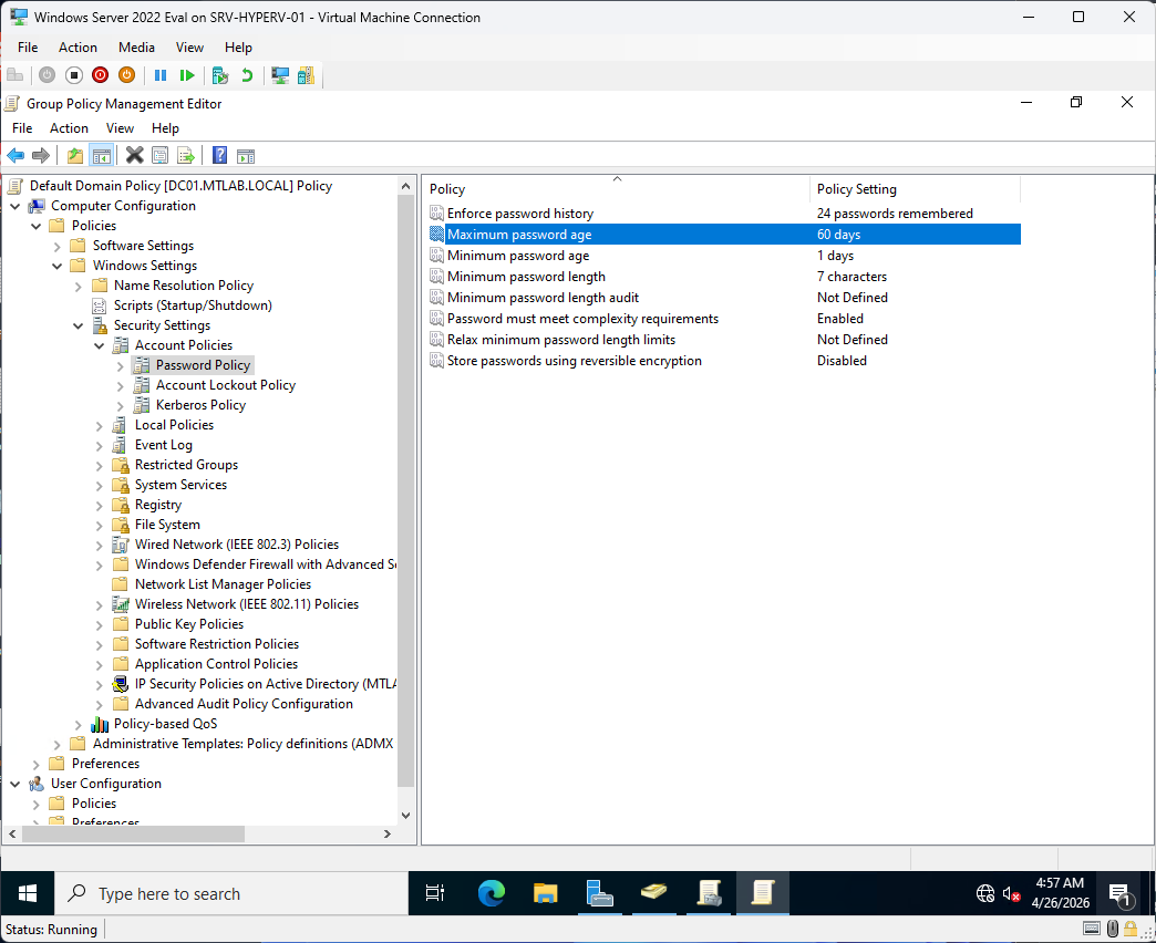 Password Policy settings in Group Policy Management Editor