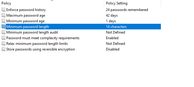 Password policy settings applied