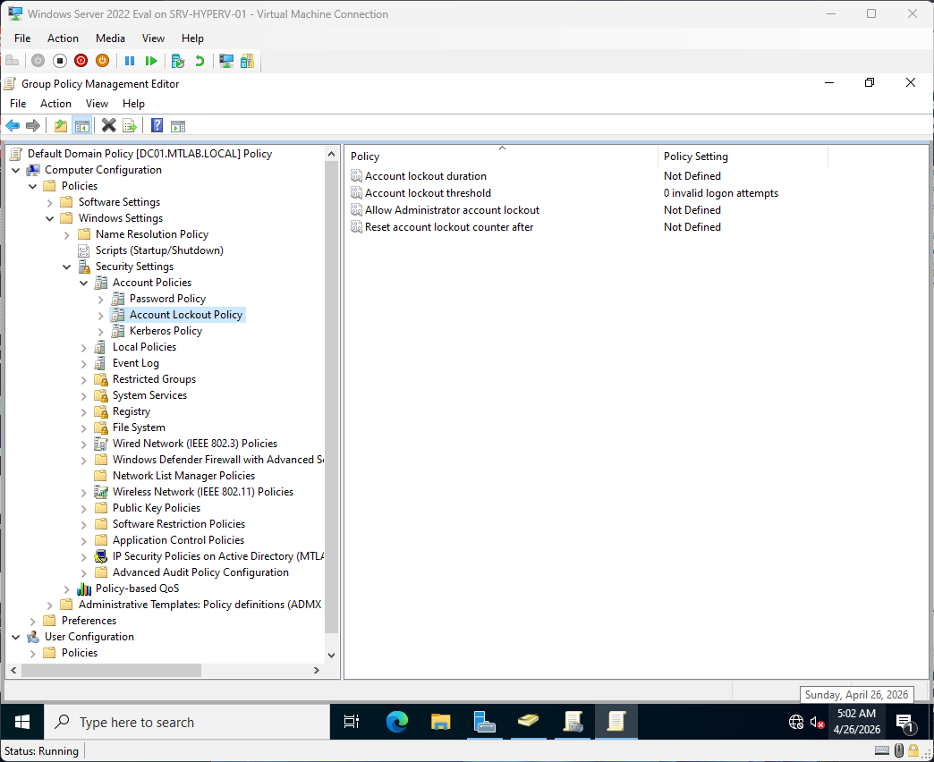 Account Lockout Policy settings