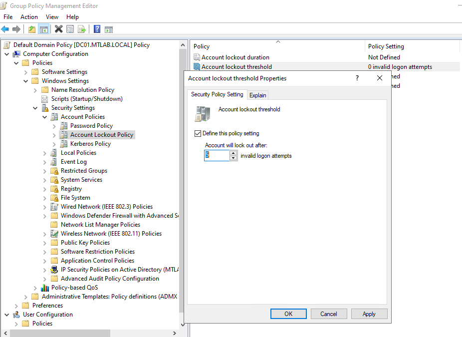 Setting Account lockout threshold to 5 invalid logon attempts