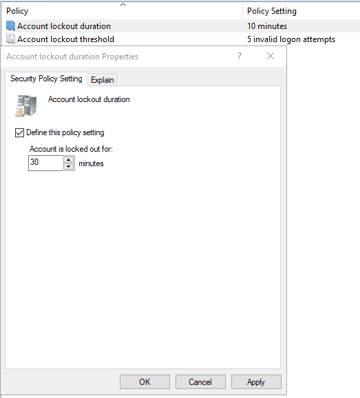 Setting Account lockout duration to 30 minutes