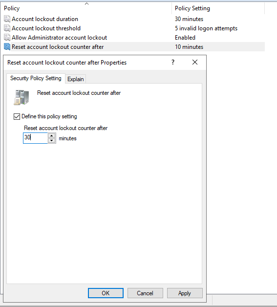 Setting Reset account lockout counter after to 30 minutes