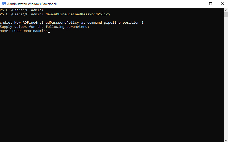 FGPP name set to FGPP-DomainAdmins in PowerShell