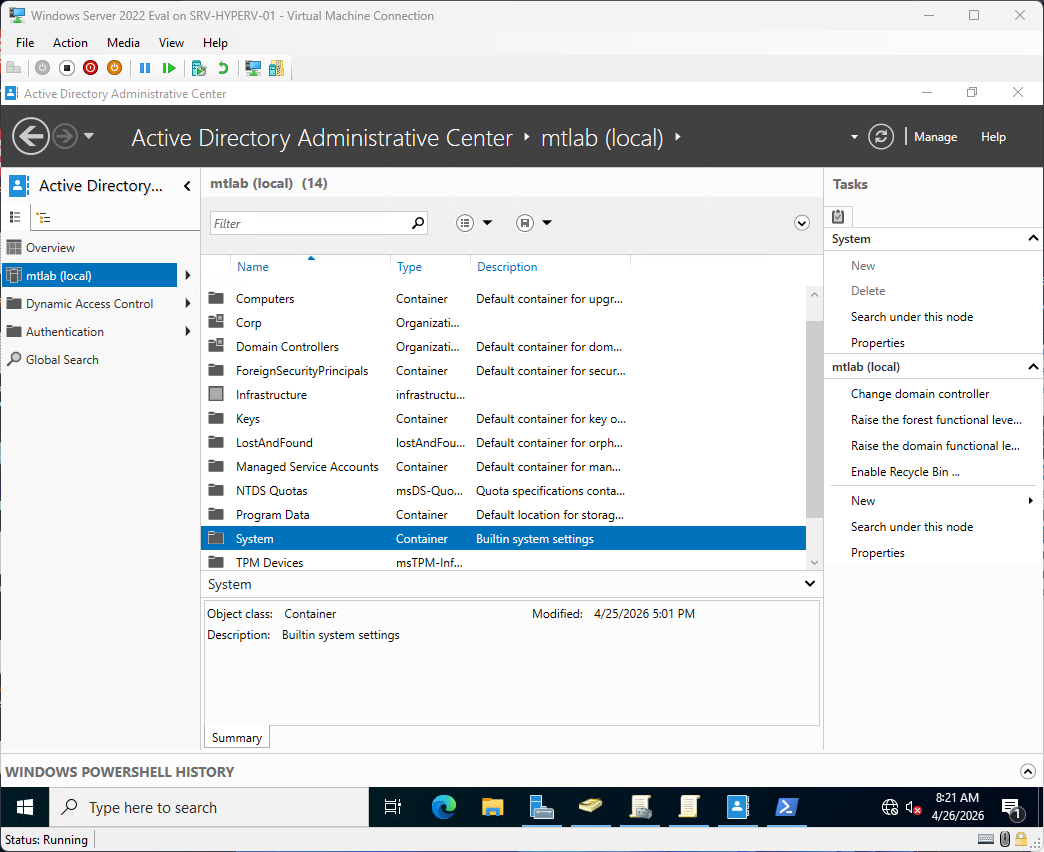 Active Directory Administrative Center showing the System container selected