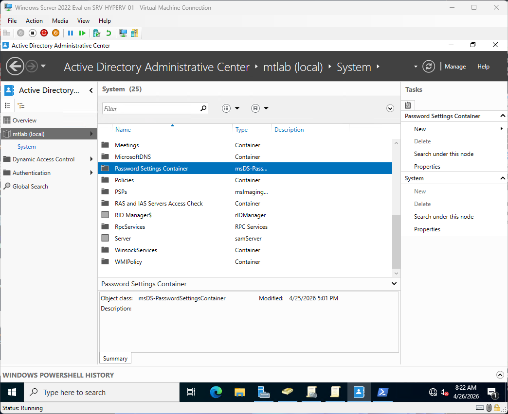 System container expanded showing the Password Settings Container