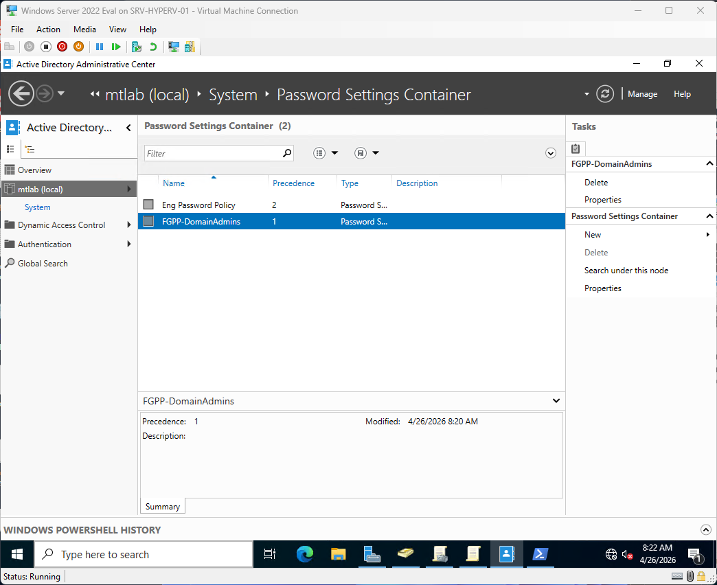 Password Settings Container listing FGPP-DomainAdmins PSO