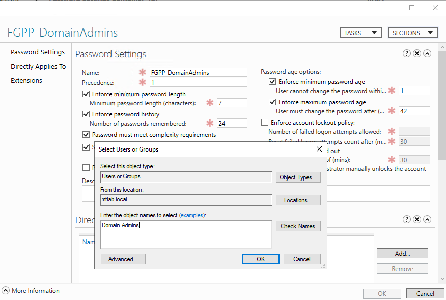 FGPP-DomainAdmins PSO properties with Select Users or Groups dialog