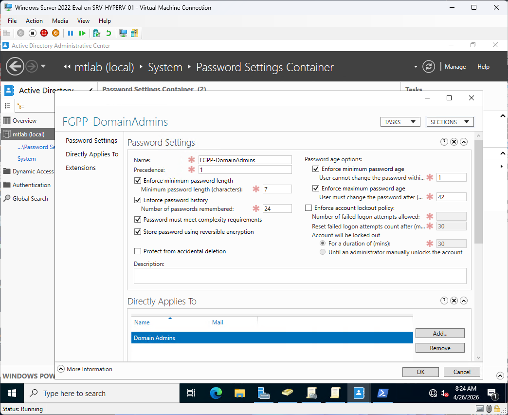 FGPP-DomainAdmins Password Settings showing Directly Applies To Domain Admins