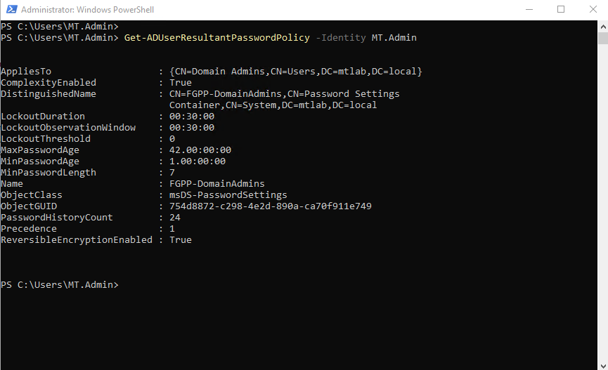 Full FGPP-DomainAdmins policy view confirming all settings and group assignment