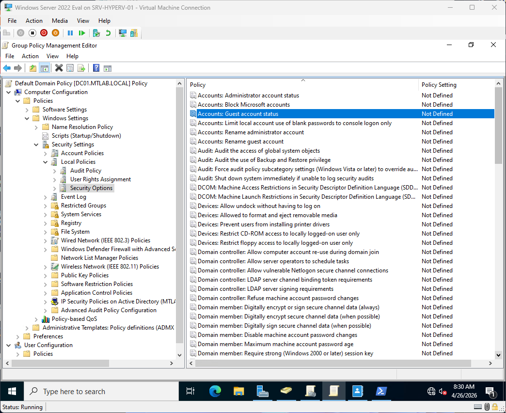 Group Policy Management Editor showing Security Options under Local Policies