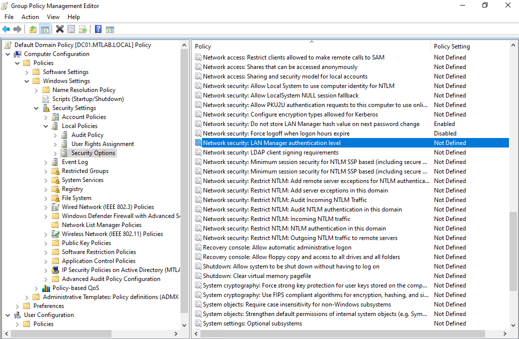 Security Options list showing Network security LAN Manager authentication level