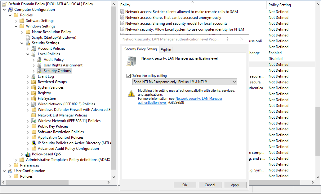 LAN Manager authentication level properties with Send NTLMv2 response only selected