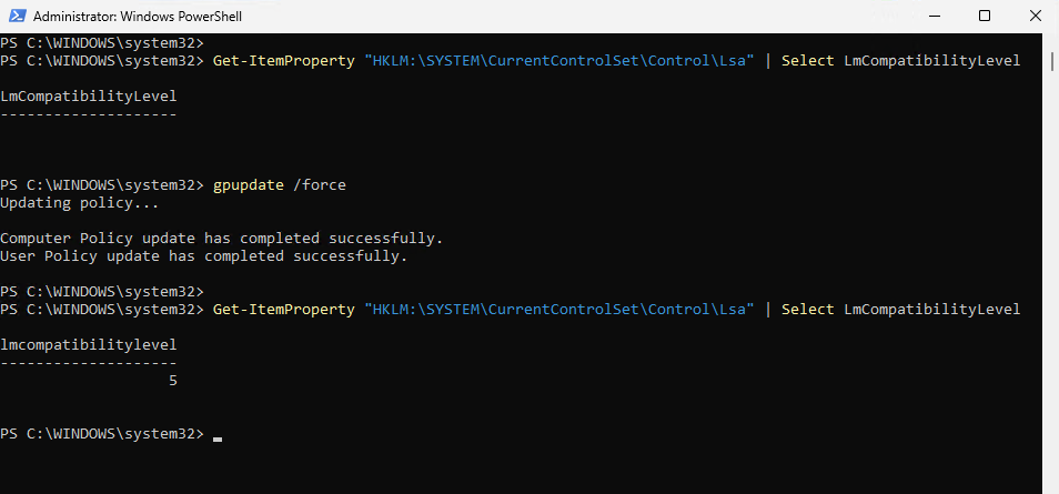 PowerShell verifying LmCompatibilityLevel set to 5 after gpupdate