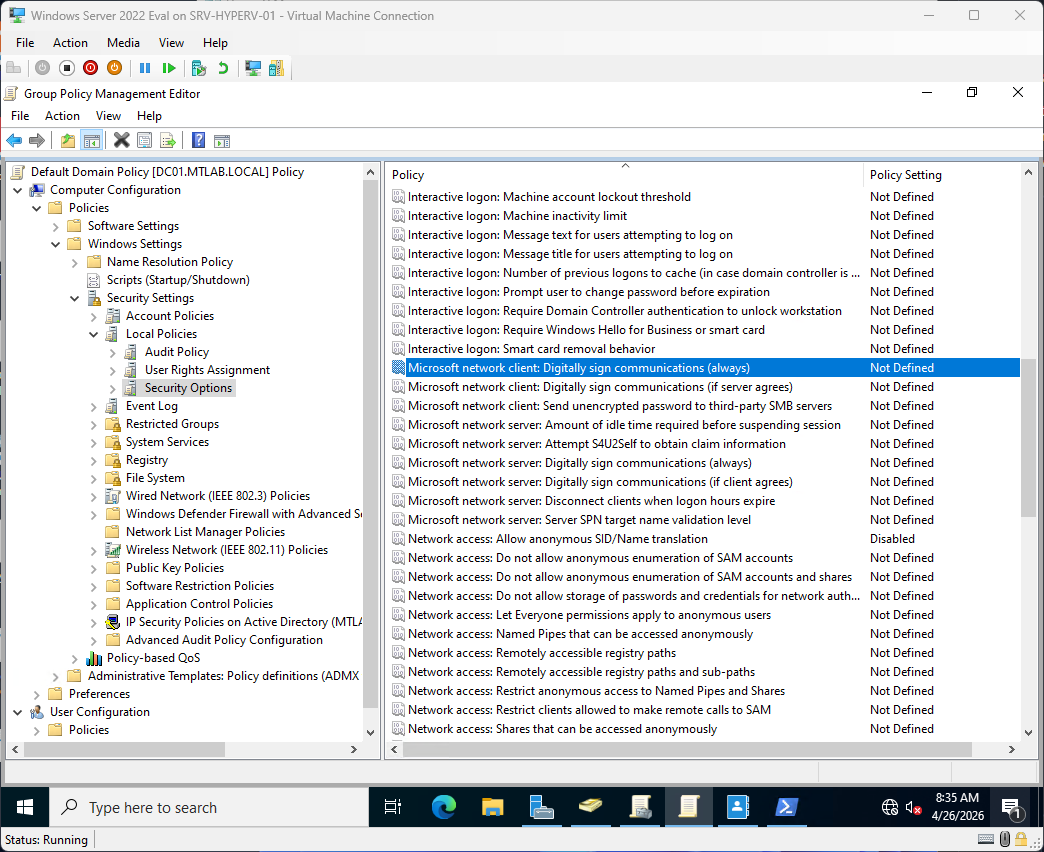 Security Options showing Microsoft network client Digitally sign communications highlighted