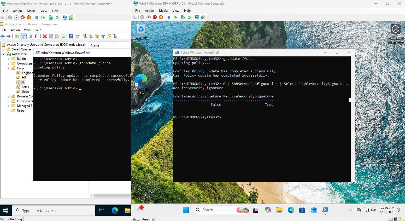 Side-by-side view of domain controller and Windows 11 client both running gpupdate and verifying SMB signing