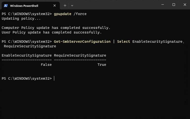 PowerShell verifying SMB signing enabled with Get-SmbServerConfiguration