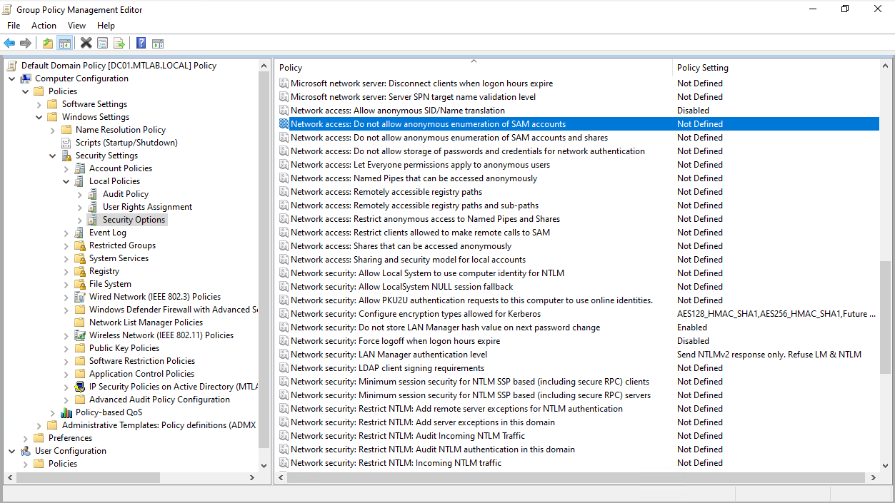 Security Options showing Do not allow anonymous enumeration of SAM accounts