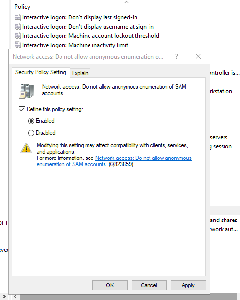 Anonymous enumeration of SAM accounts policy set to Enabled