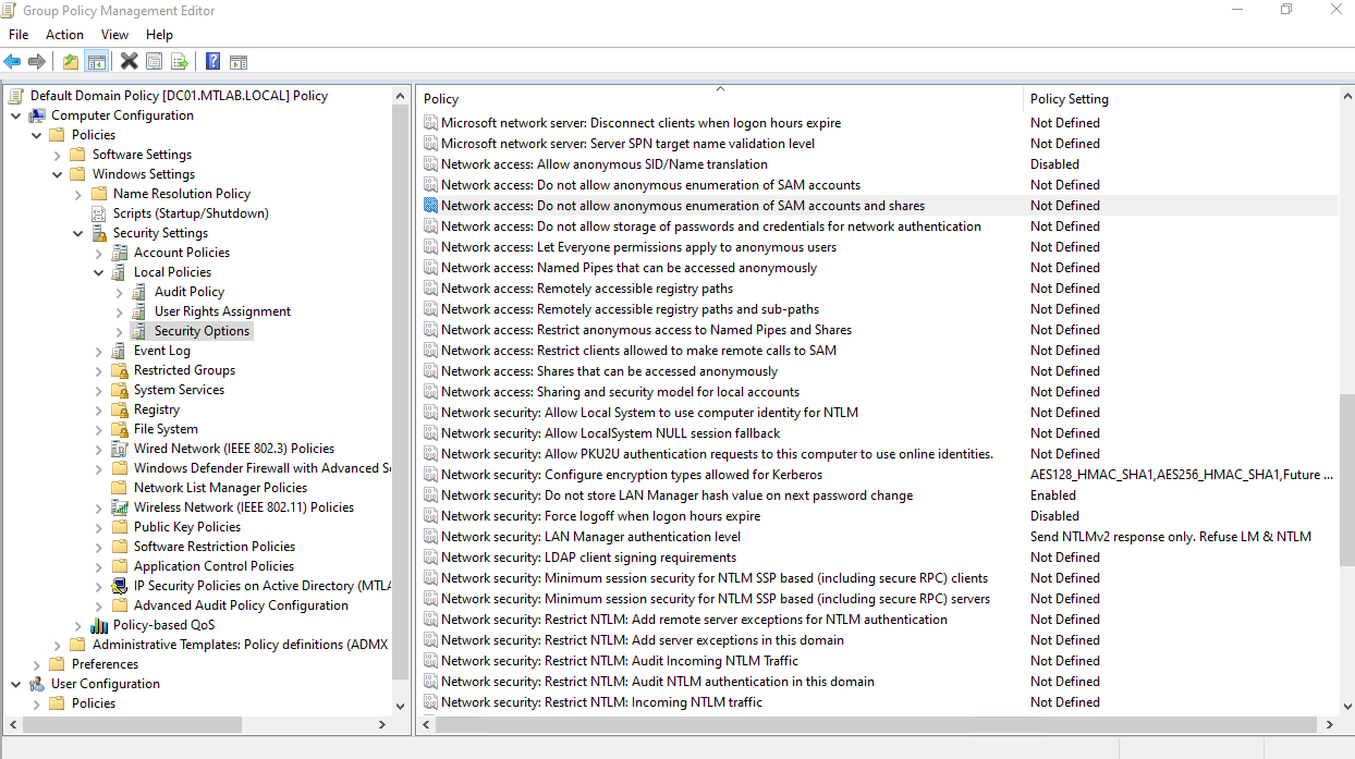 Security Options showing Do not allow anonymous enumeration of SAM accounts and shares
