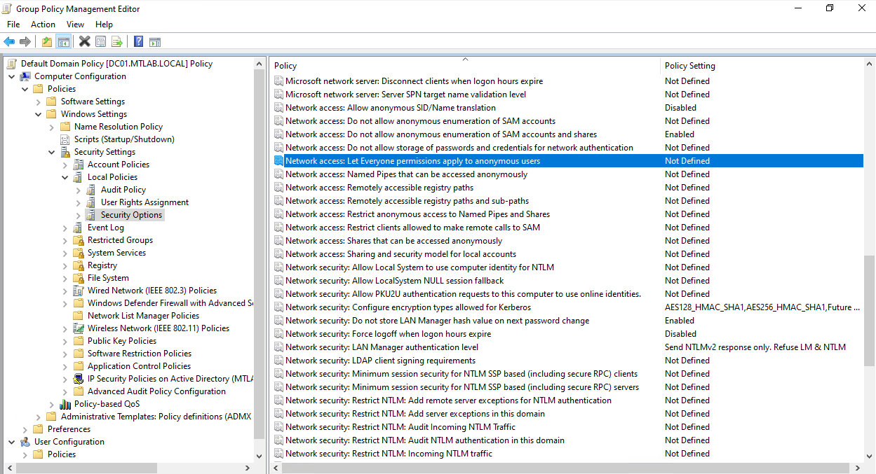 Security Options showing Let Everyone permissions apply to anonymous users