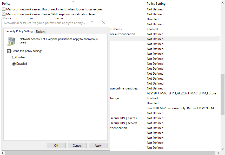 Anonymous enumeration of SAM accounts and shares policy set to Enabled