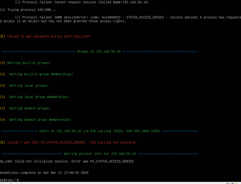 enum4linux results showing access denied and blocked enumeration