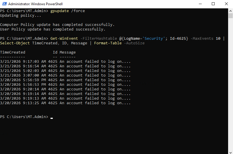 Event ID 4625 results showing failed login attempts