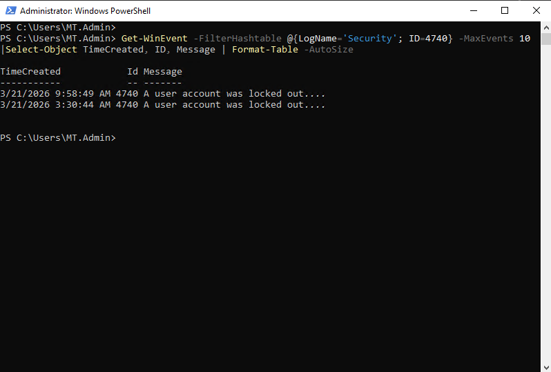 PowerShell query results for Event ID 4740 account lockout