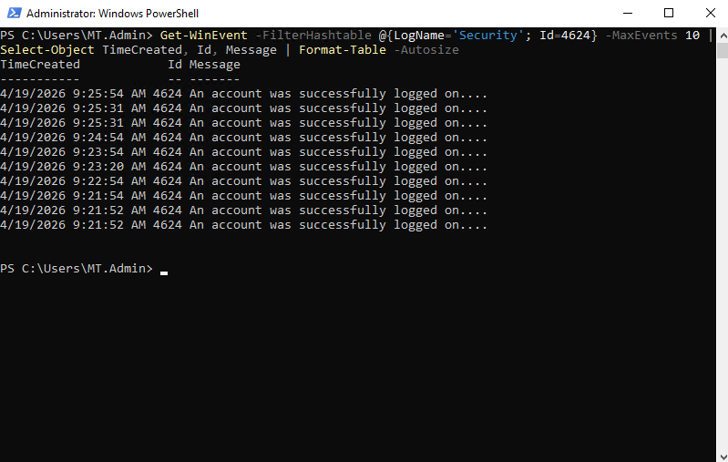 PowerShell query results for Event ID 4624 successful logins