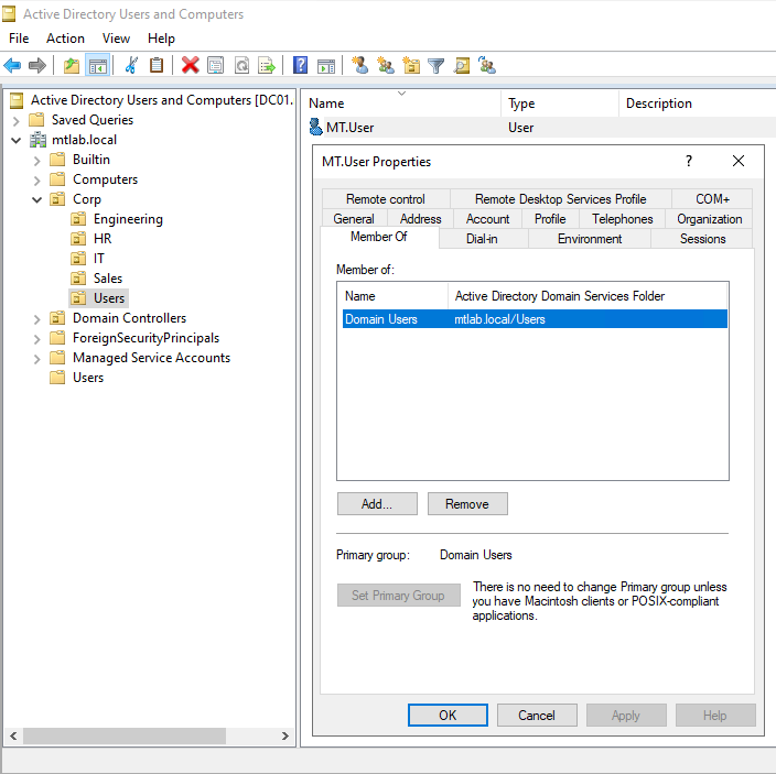 MT.User Properties showing Member Of tab before adding to Domain Admins