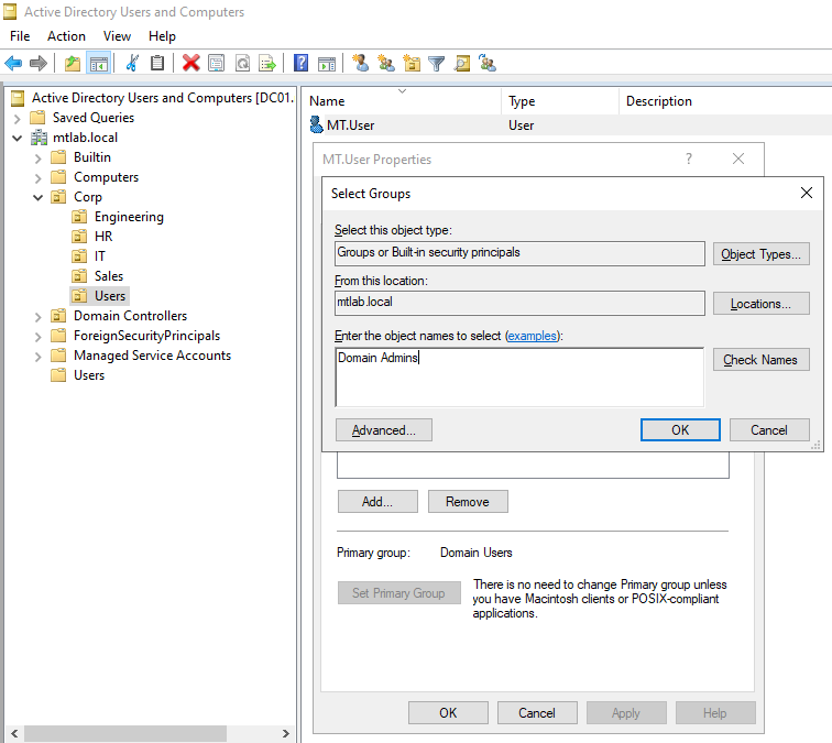 Select Groups dialog with Domain Admins entered for MT.User