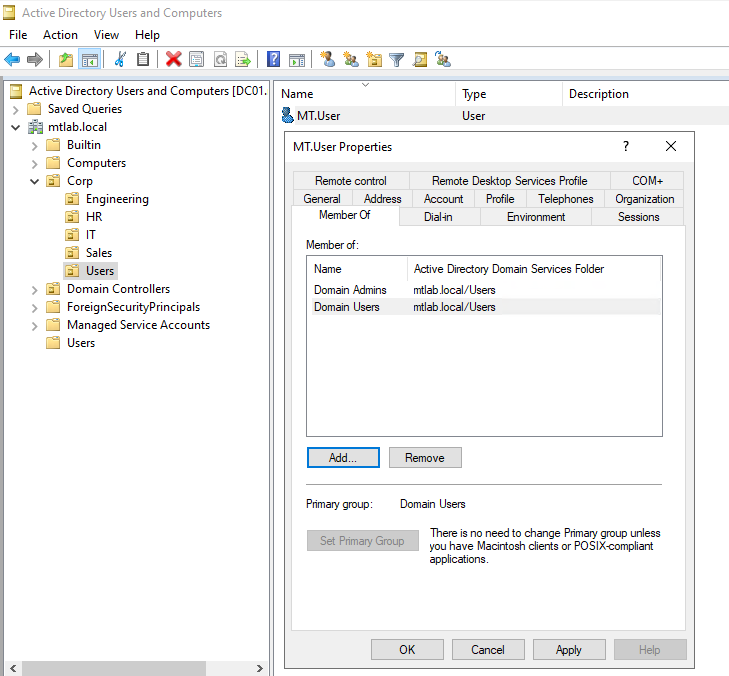 MT.User Properties Member Of tab now showing Domain Admins and Domain Users