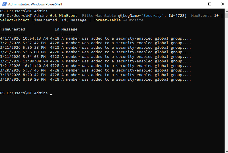 PowerShell query results for Event ID 4728 group membership change