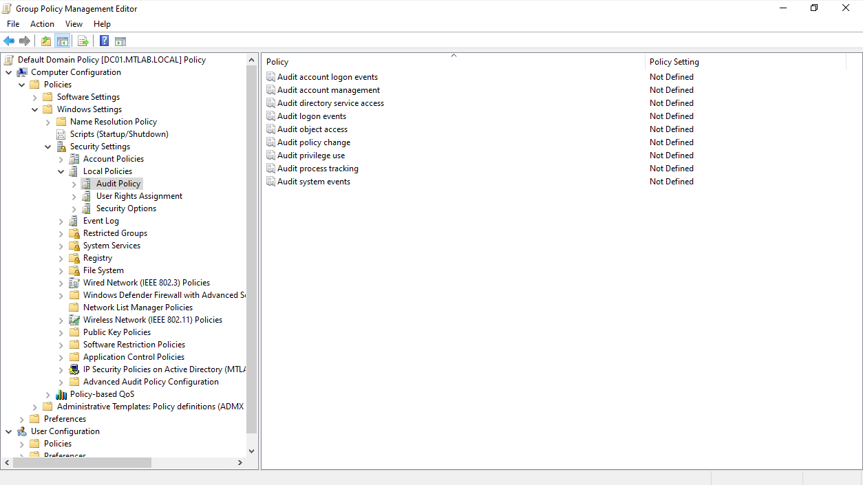 Group Policy Management Editor showing Legacy Audit Policy under Local Policies