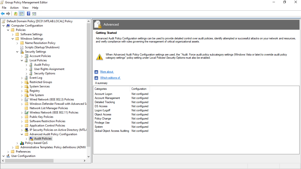 Advanced Audit Policy Configuration showing Audit Policies summary with all categories not configured