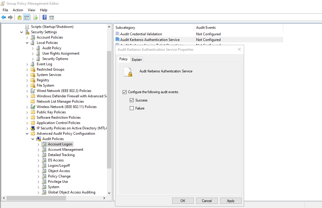Audit Kerberos Authentication Service properties set to Success