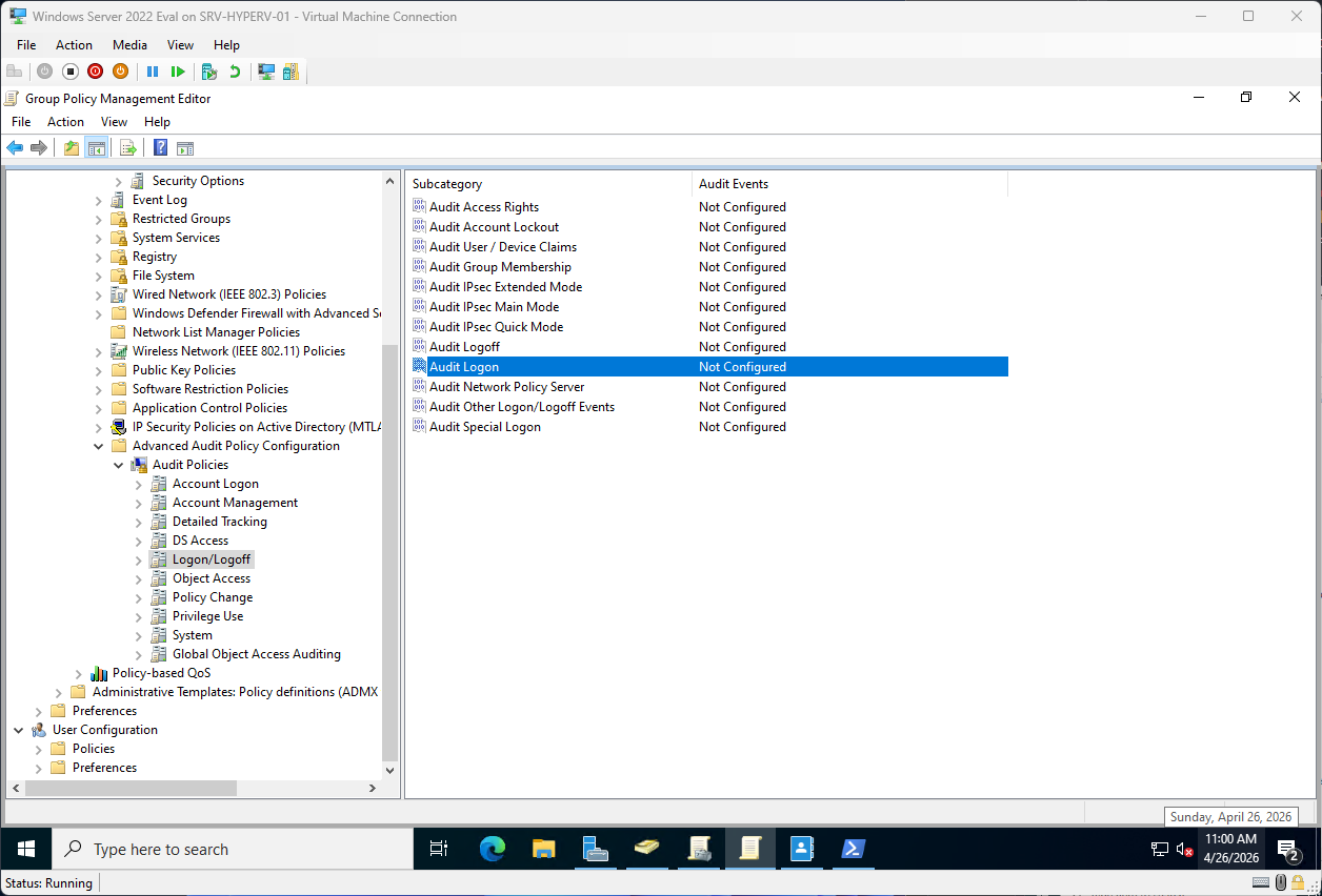Advanced Audit Policy Logon/Logoff subcategories with Audit Logon highlighted