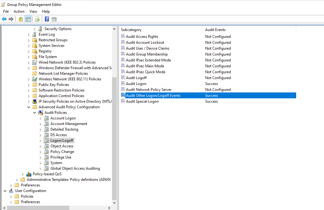Logon/Logoff subcategories showing Audit Logon and related events set to Success