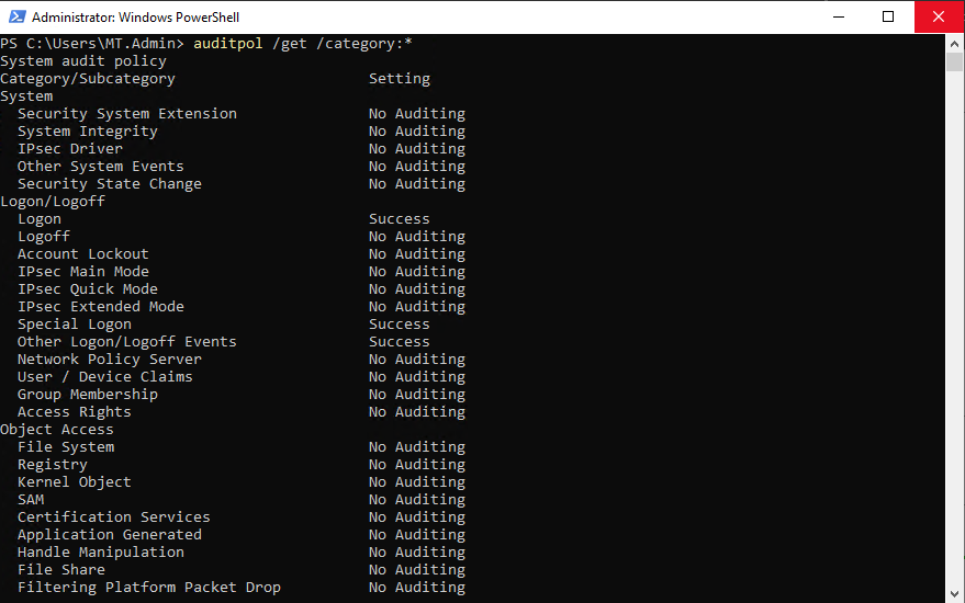 Verification of Advanced Audit Policy settings applied
