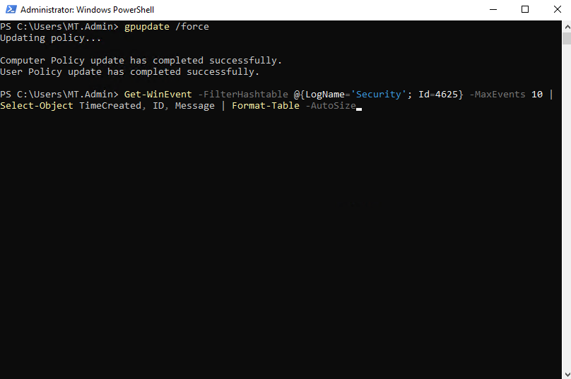 PowerShell query for Event ID 4625 invalid login attempts