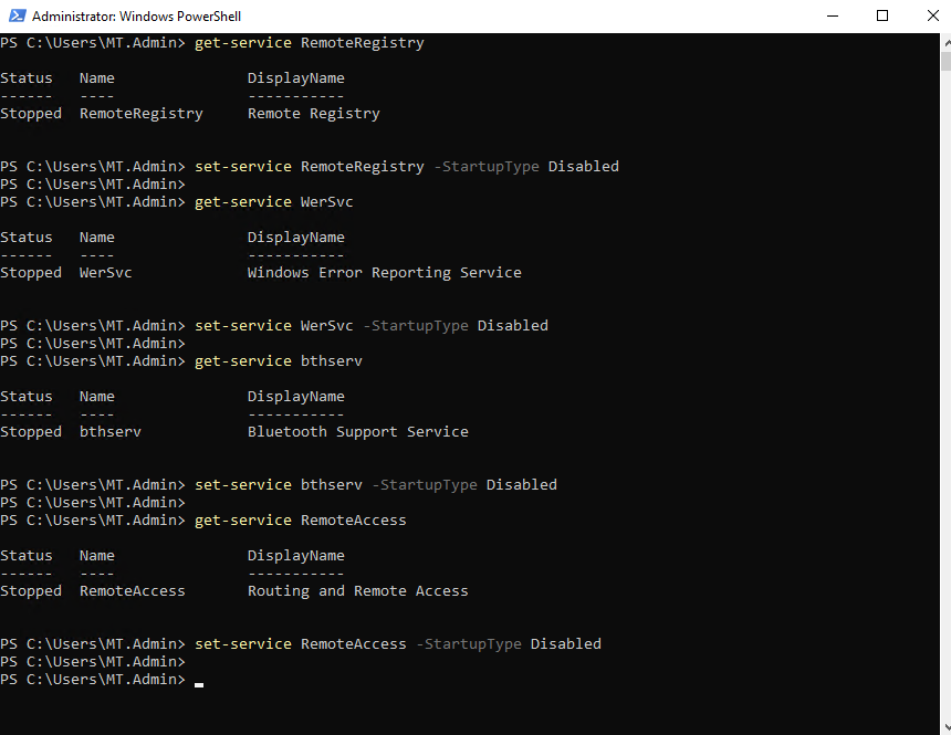 PowerShell stopping and disabling RemoteRegistry, WerSvc, Bthserv, and RemoteAccess services