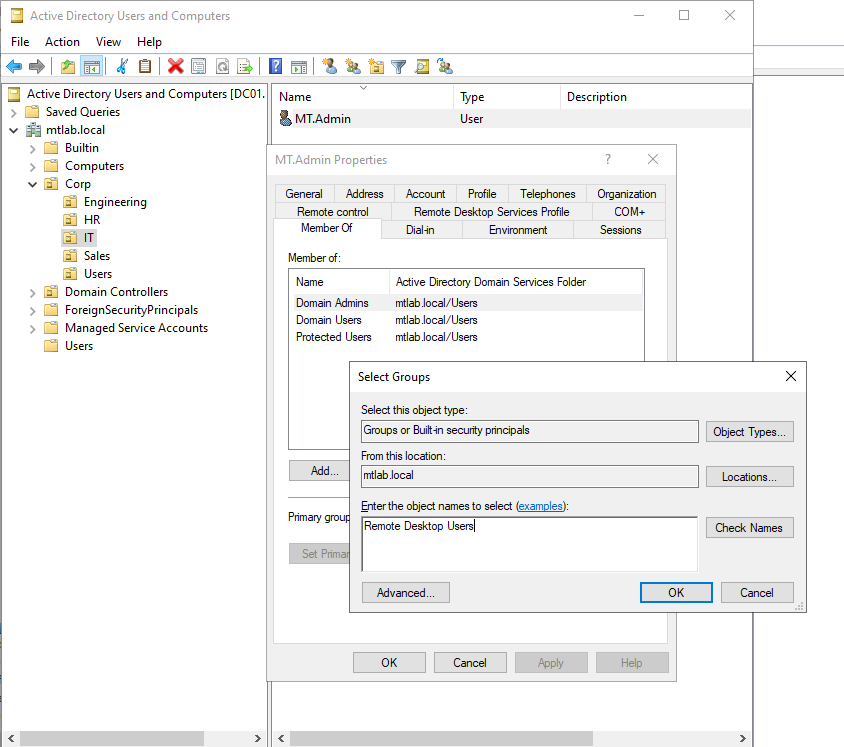 ADUC MT.Admin Properties showing Select Groups dialog with Remote Desktop Users being added