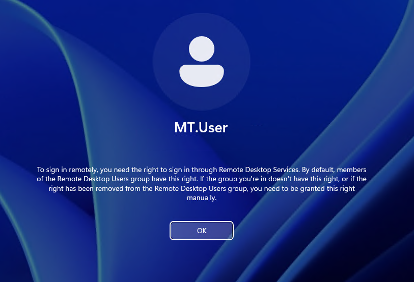 Windows login screen showing MT.User denied Remote Desktop sign-in due to missing group membership